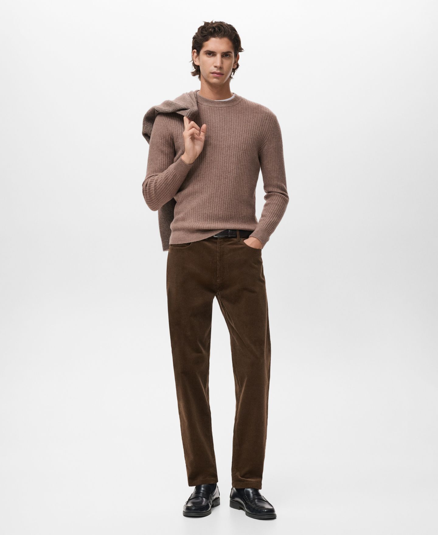 Мужской свитер MANGO Knitted Ribbed, цвет: Средний коричневый — фото 2