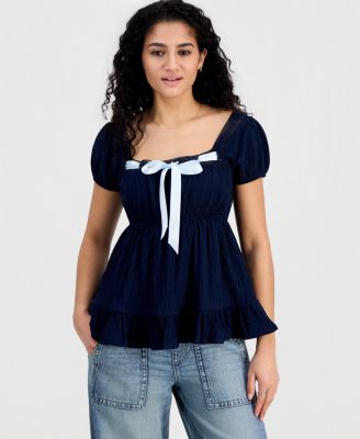 Juniors' Ribbon-Trim Puff-Sleeve Peasant Top