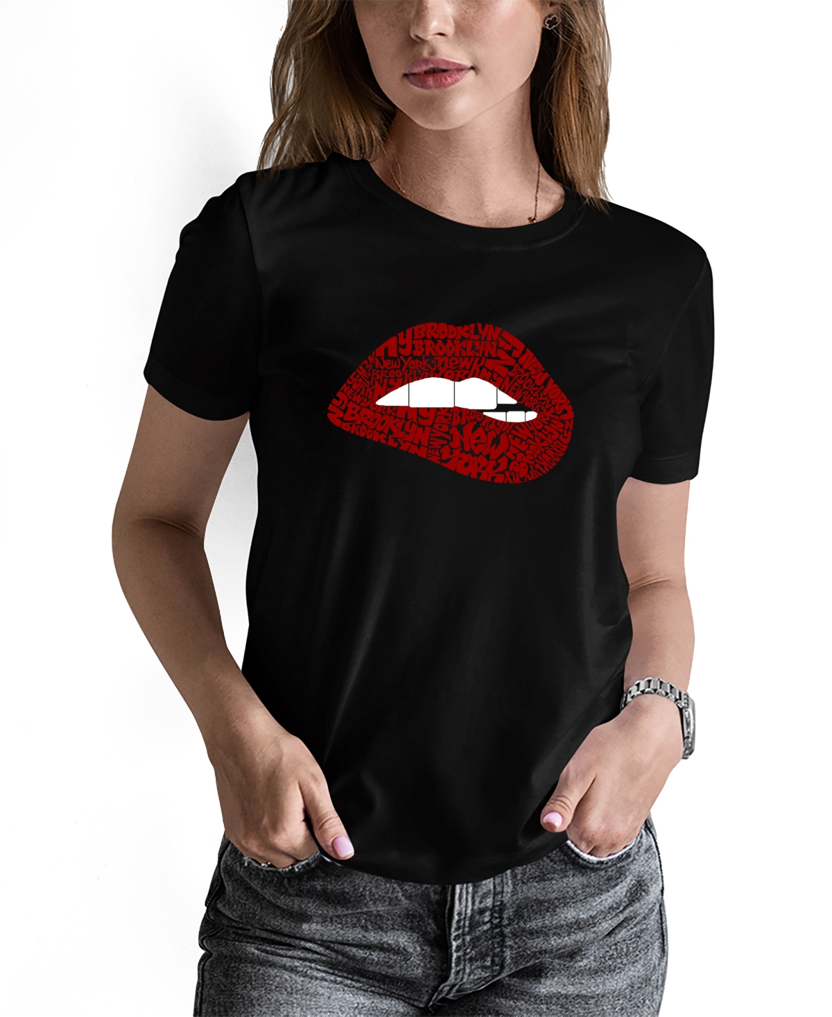 La Pop Art Women's Brooklyn Lips Word Art Long Sleeve T-shirt In Black
