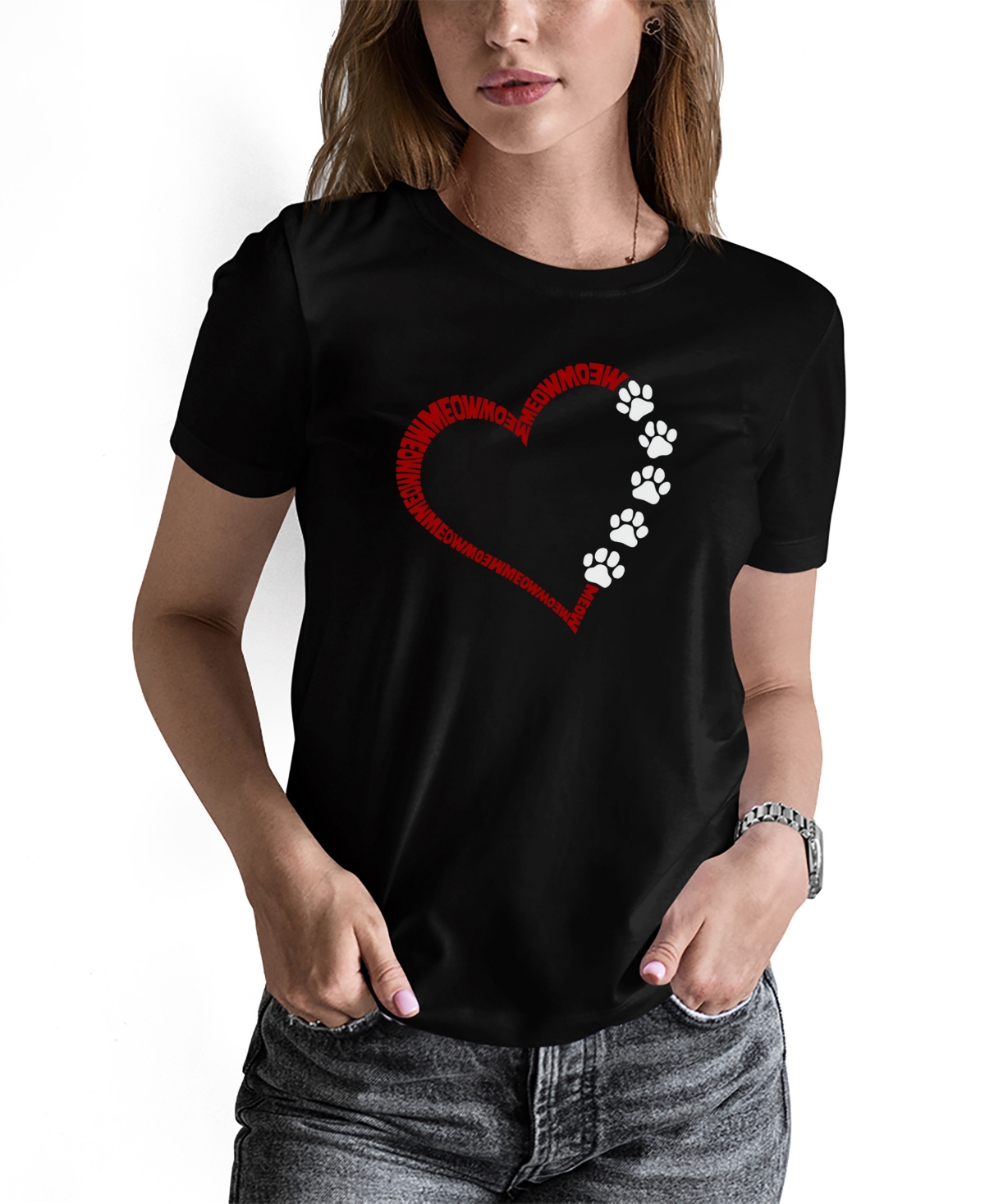 La Pop Art Women's Meow Heart Word Art Long Sleeve T-shirt In Black