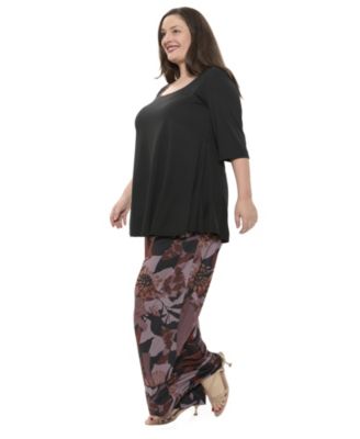 Plus Size Floral Print Scoop Neck Elbow Sleeve Tunic Swing Top and Pant Set
