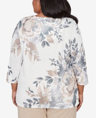 Plus Size Comfort & Joy Asymmetrical Floral Border Crew Neck Top
