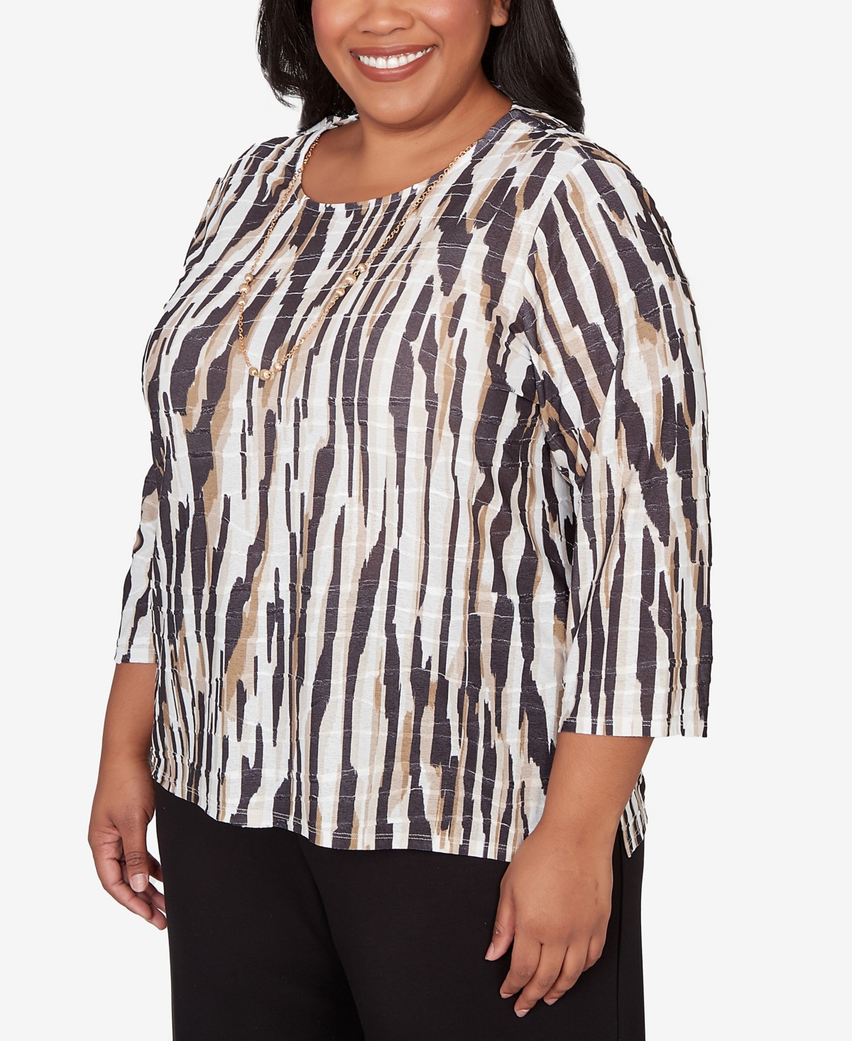 Alfred Dunner Plus Seville Animal Print Pleated Top with Necklace