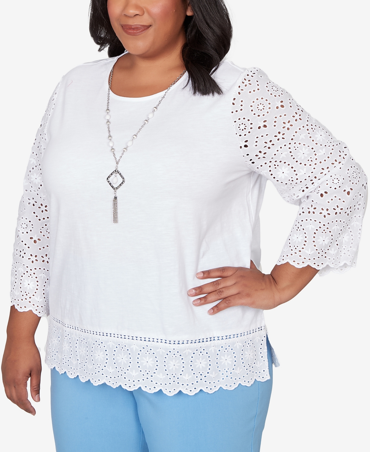 Alfred Dunner Plus Size St. Augustine Solid Eyelet Trim Top With Necklace In White