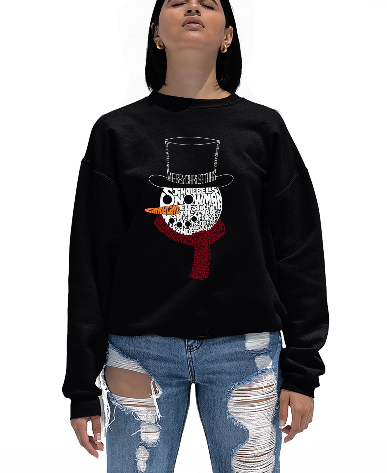 Women's Snowman Face Word Art Crew Neck Sweatshirt