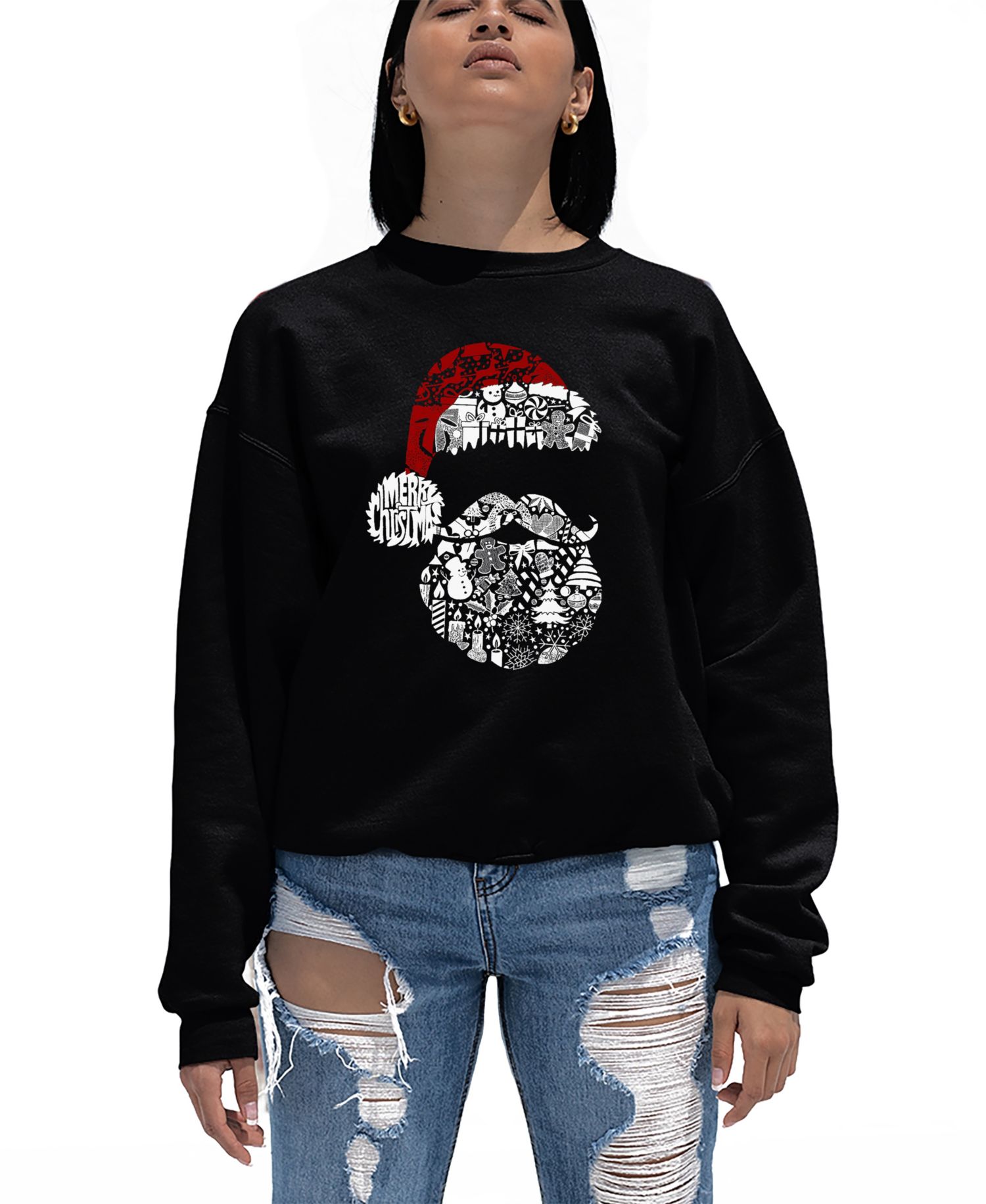 Women's Santa Pics Word Art Crew Neck Sweatshirt