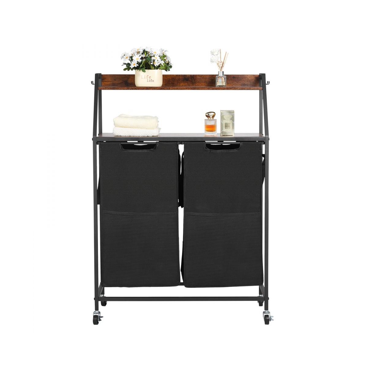 Slickblue Rolling Laundry Hamper with 2 Tiers, 2 Bags, and Hooks