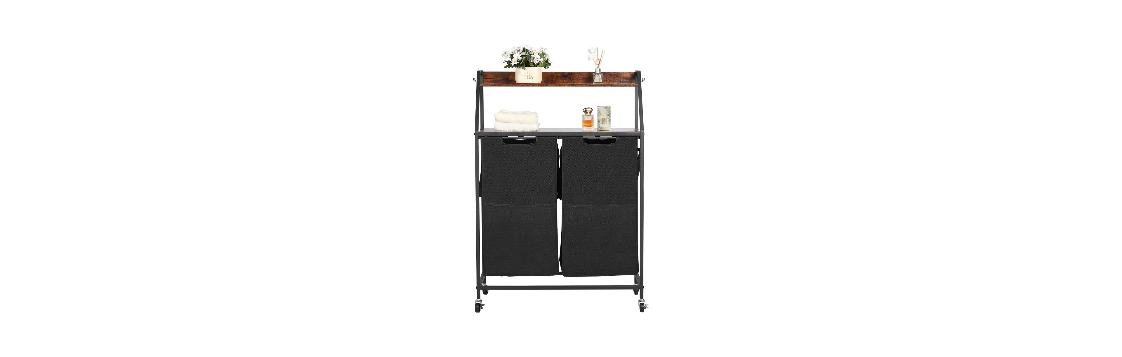 Slickblue Rolling Laundry Hamper with 2 Tiers, 2 Bags, and Hooks