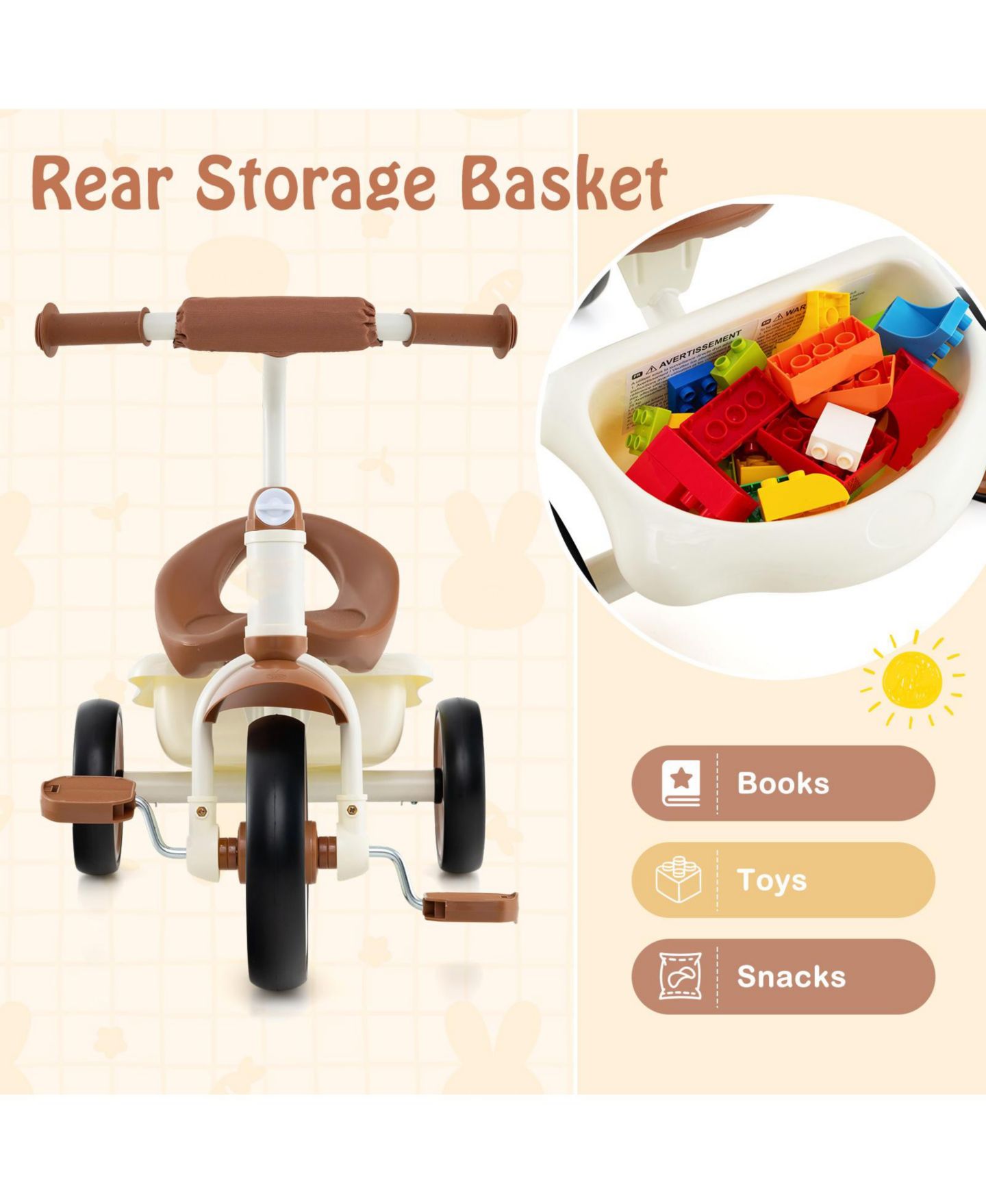 Детская игрушка SUGIFT Toddler Tricycle with Adjustable Seat and Rear Basket, Ages 3-5, цвет: Коричневый — фото 8