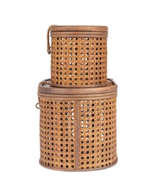 Modern Decorative Oval Woven Rattan Storage Boxes, Set of 2 Sizes, Dark Brown Finish