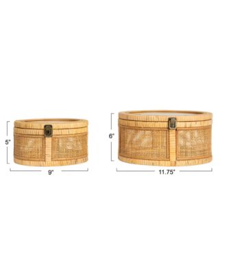 Rattan and Bamboo Nestable Round Storage with Glass Lids, Set of 2