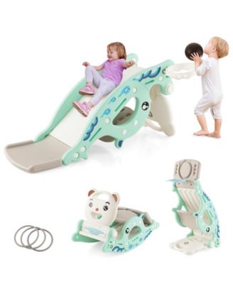 4-in-1 Kids Slide Rocking Horse with Basketball and Ring Toss-Green