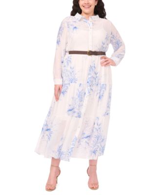 Plus Size Floral Print Long-Sleeve Belted Maxi Dress