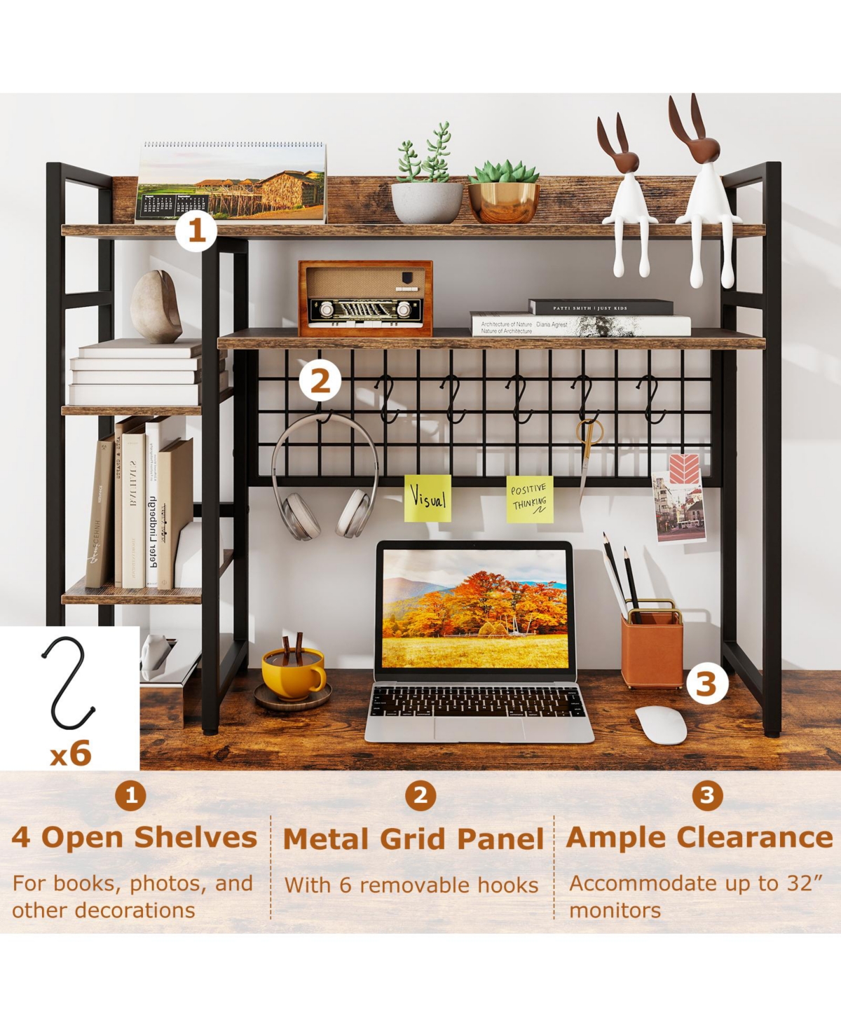 Slickblue Desktop Organizer Rack with 4 Storage Tiers, Grid Wall Panel, and Hanging Hooks For Home Office or Study