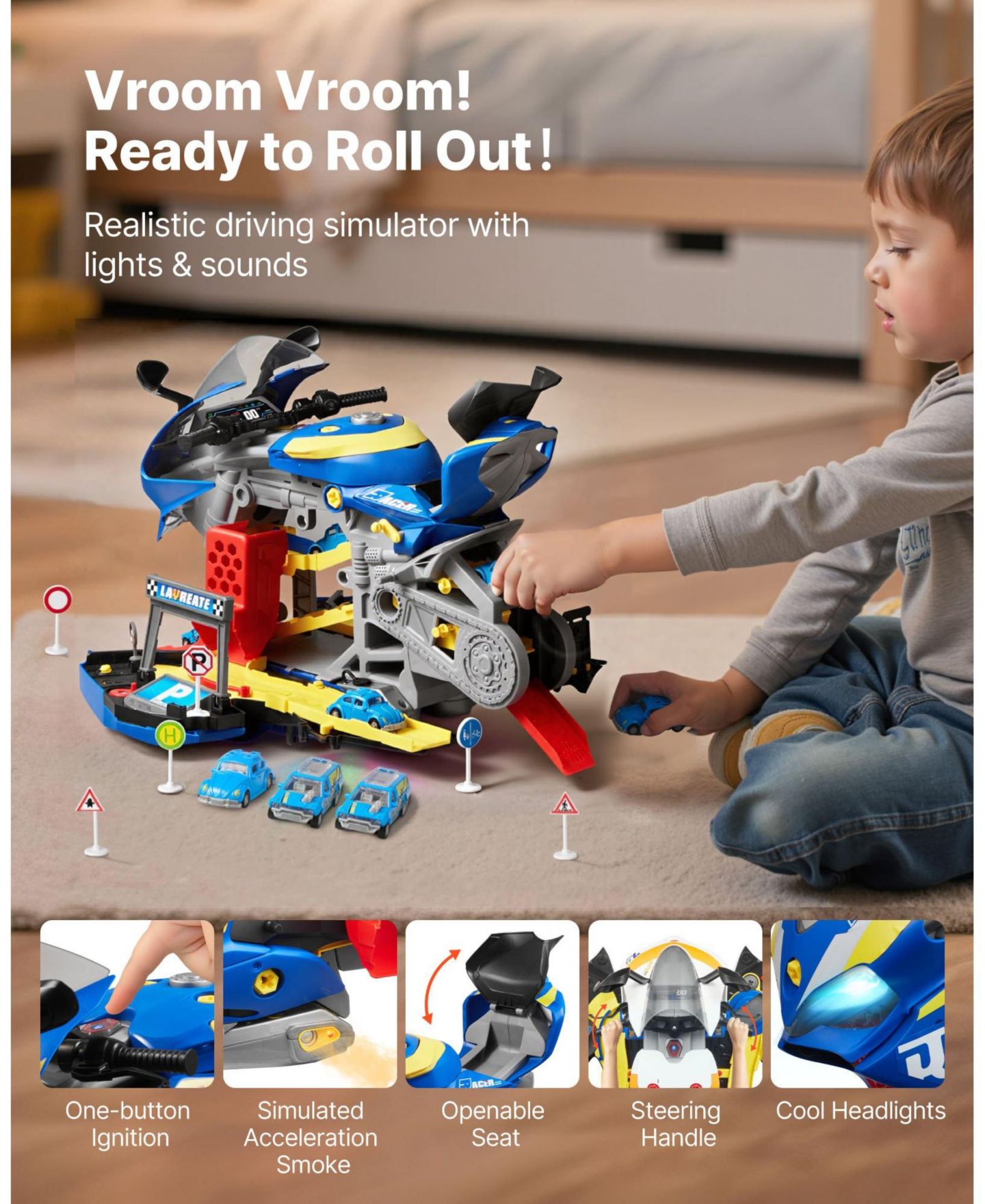 Детский игровой набор Mecale Motorcycle 6-in-1 Transforming Lights & Sounds Racing Track 25-Piece Playset, Ages 3+, цвет: Синий — фото 7
