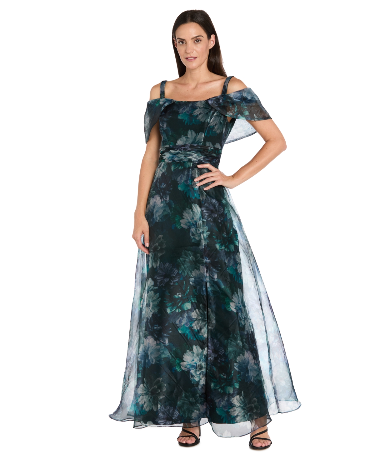 R & M Richards Women's Cold Shoulder Print Organza Capelet Band Dress In Green