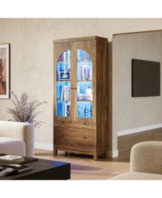 Wooden Pantry Cabinet, with Two Drawers for Kitchen, LED Light Strip