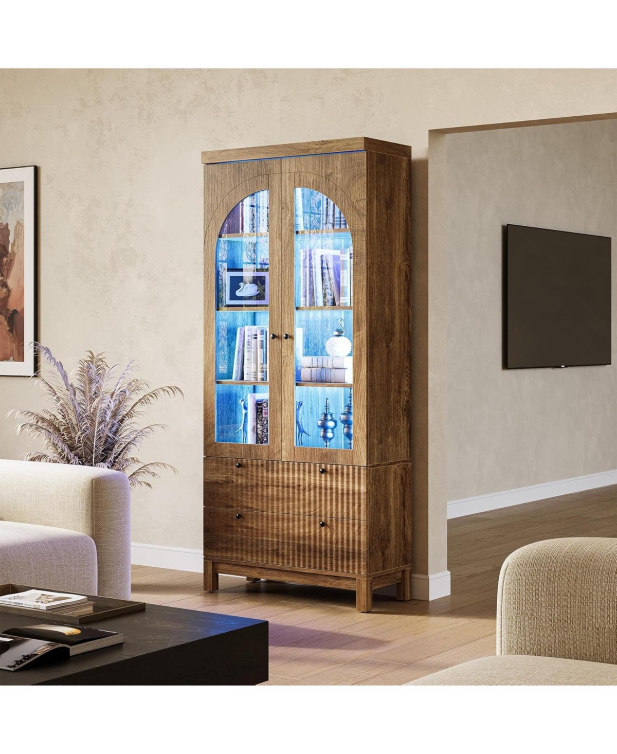 Tribesigns Wooden Pantry Cabinet, with Two Drawers for Kitchen, Led Light Strip