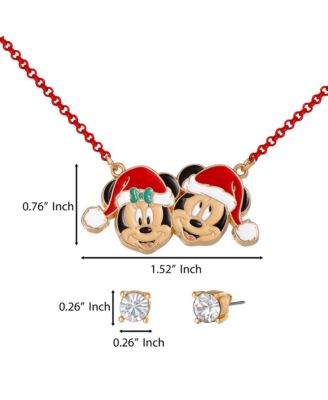 Mickey & Minnie Santa Necklace & Stud Earrings Set, Gold Tone