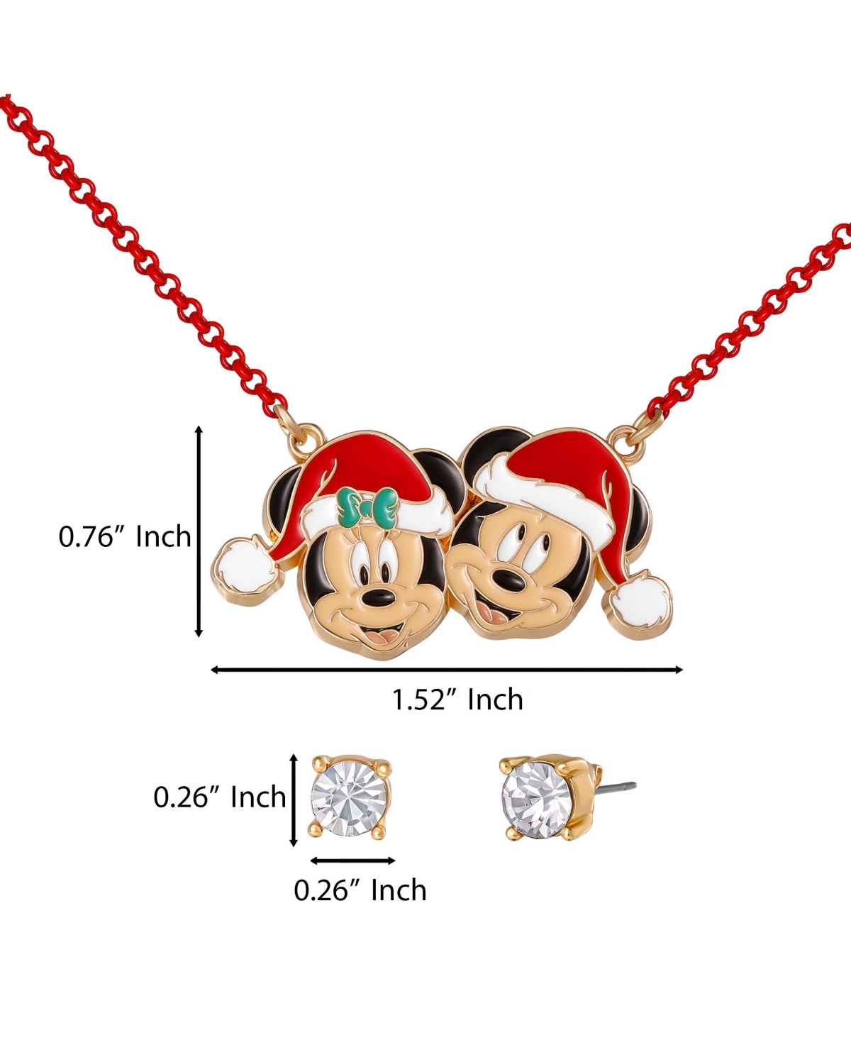 Disney Mickey & Minnie Santa Necklace & Stud Earrings Set, Gold Tone