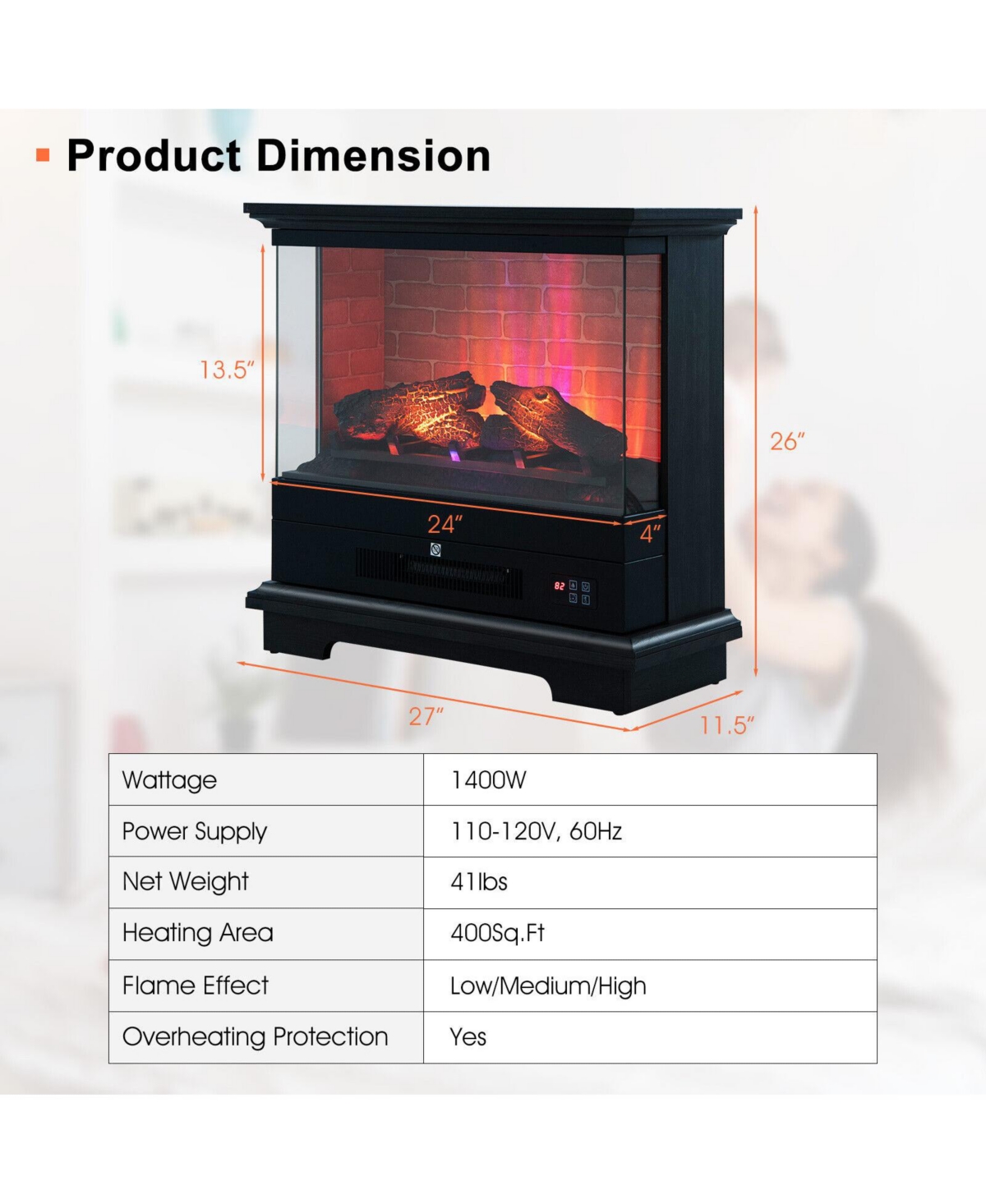Sugift 27 Inch Freestanding Electric Fireplace with 3-Level Vivid Flame Thermostat