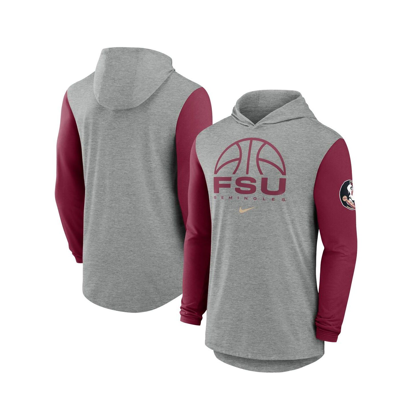 Мужское худи Nike Gray/Garnet Florida State Seminoles Basketball Color-Block Tri-Blend Dri-FIT Long Sleeve T-Shirt — фото 1