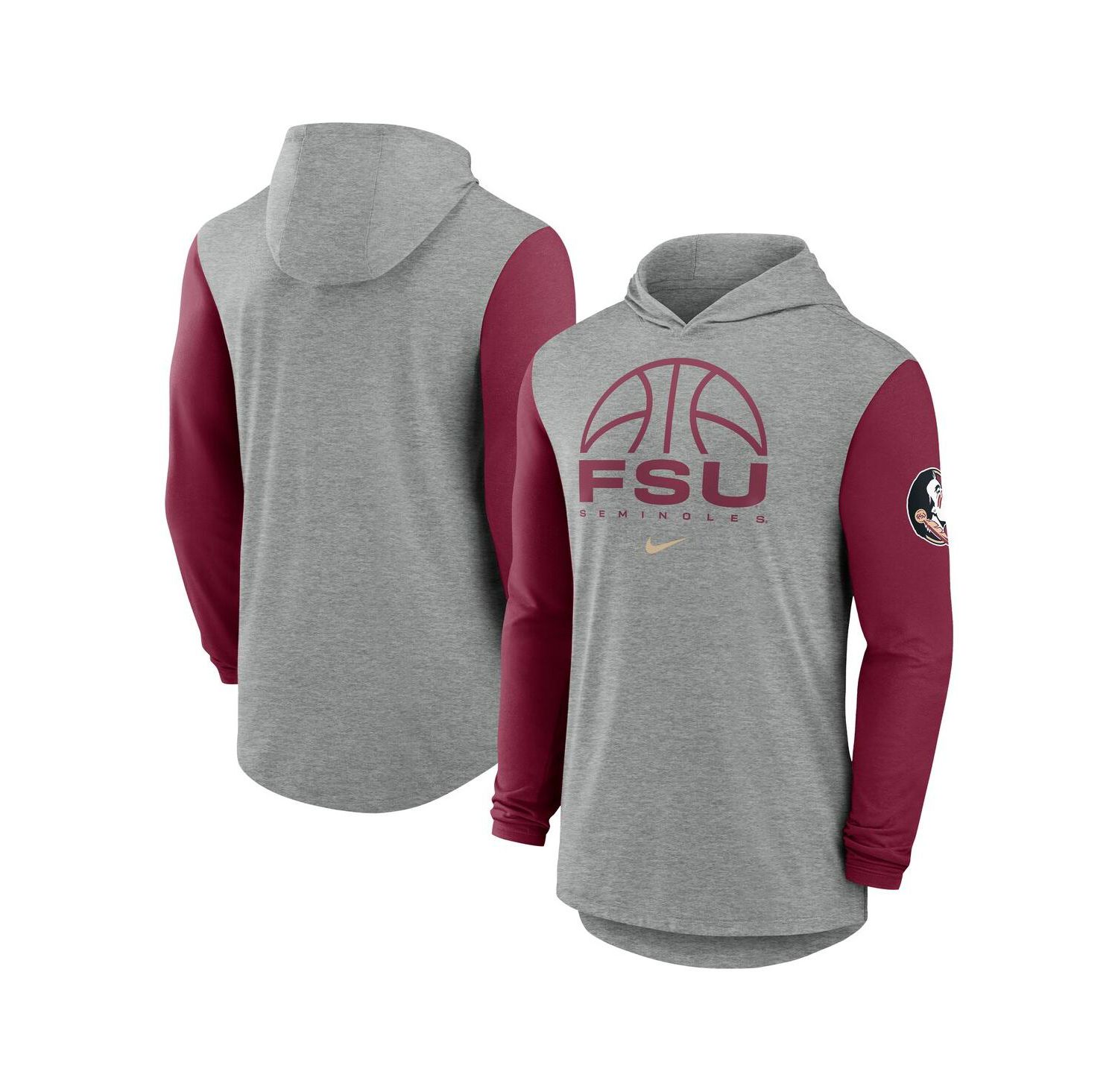 Men's Gray/Garnet Florida State Seminoles Basketball Color-Block Tri-Blend Dri-FIT Long Sleeve Hoodie T-Shirt