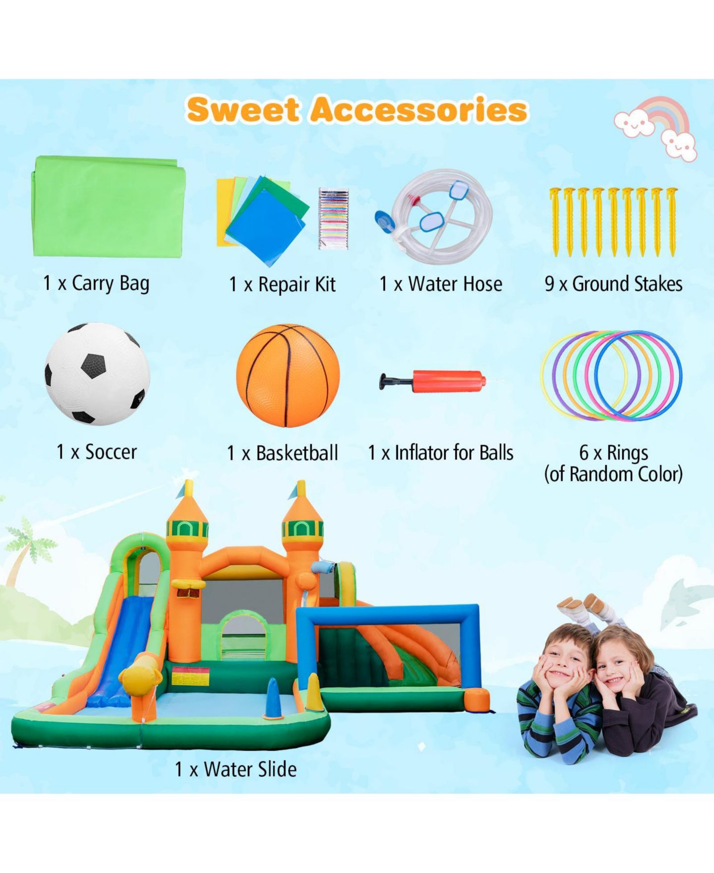 Детские игрушки SKONYON Kids Inflatable Water Slide with Dual Slides and Splash Pool, 186"L x 173"W x 110.5"H, Ages 3+, цвет: Синий — фото 7