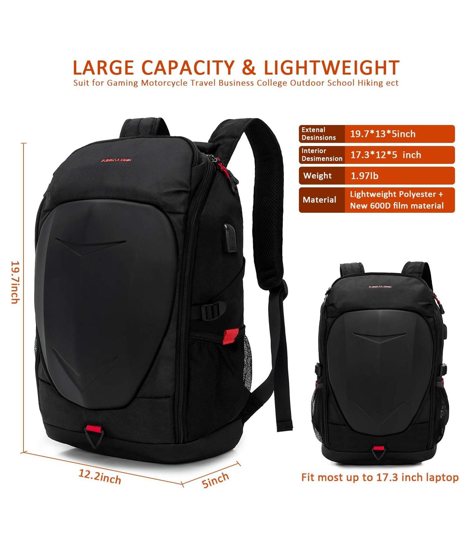 Hardshell 7 Inch Laptop Backpack, Armored with USB Port & Rain Cover for Motorcycle, Outdoor, Racing - Waterproof, Matte Black