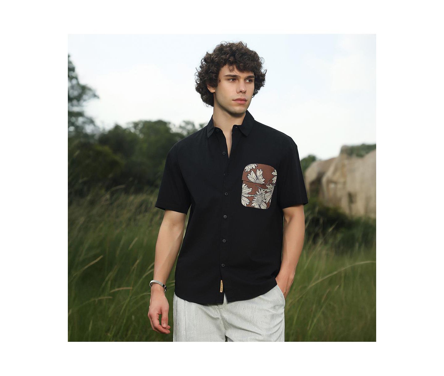 Мужская рубашка Cahoot Campus Sutra Chocolate Brown & Obsidian Black Flora-Block, цвет: Чёрный — фото 6