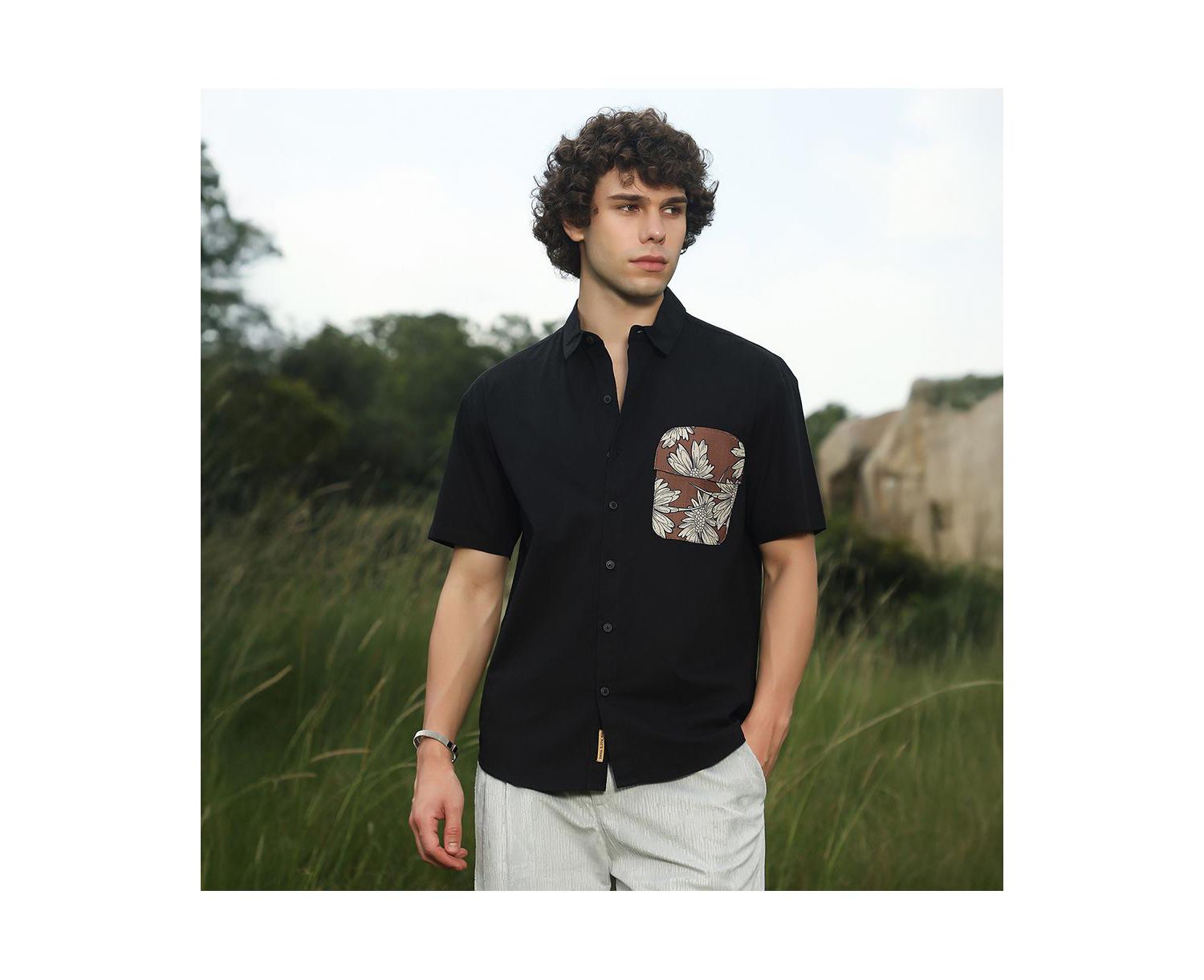 Men's Chocolate Brown & Obsidian Black Flora-Block Shirt