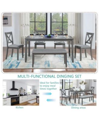 6-Piece Grey Kitchen Counter Set with Rectangular Wooden Dining Table 4 Padded Chairs and Bench