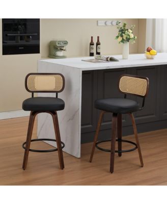 Set of 2 Rattan Counter Stools with Swivel Seat and Cane Back, 26'' Height