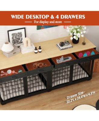Dog Crate Furniture, 92.9 in. Wooden Dog Crate Kennel with 4 Drawers