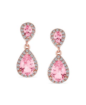 Set of 2 Pave Halo Dangle Teardrop Cubic Zirconia Pink & CleAR CZ Drop Earrings Rose Gold Plated