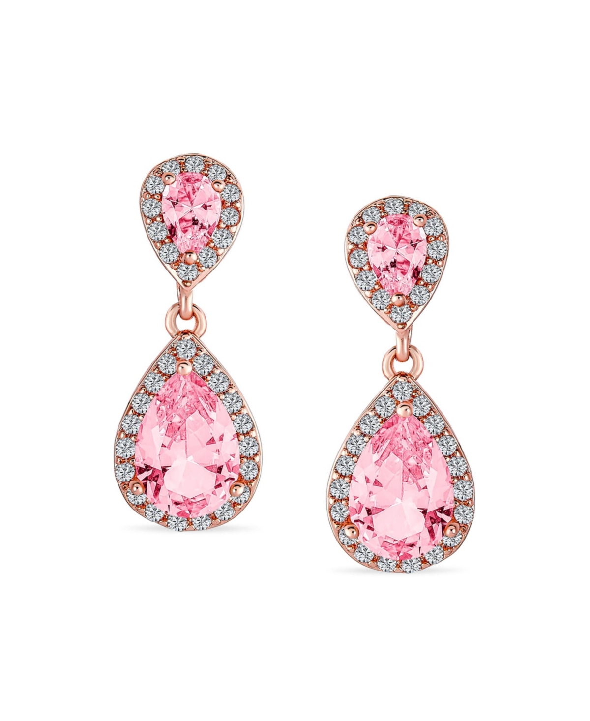 Bling Jewelry Set of 2 Pave Halo Dangle Teardrop Cubic Zirconia Pink & CleAR Cz Drop Earrings Rose Gold Plated