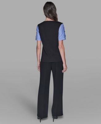 Women's Pinstripe-Sleeve Pull-On Blouse