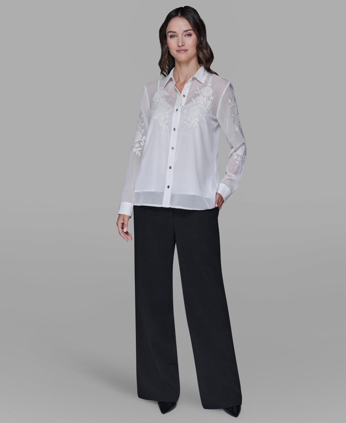 Karl Lagerfeld Paris Women's Long-Sleeve Embroidered Flower Blouse