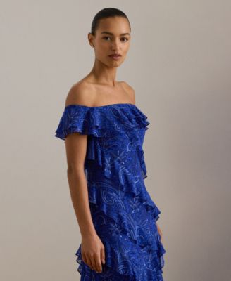 Women's Print Ruffle-Trim Off-the-Shoulder Gown