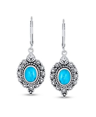Western Style Oval Filigree Blue Natural Stabilized Turquoise Dangle Drop Earrings Lever Back Oxidized Sterling Silver