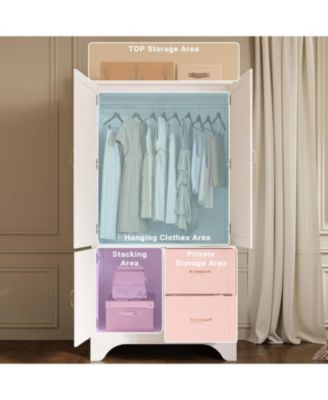 White Wardrobe Closet with Mirror and Doors, Drawers and Shelves, Wooden Armoire Storage Cabinet with Hanging Rod for Bedroom