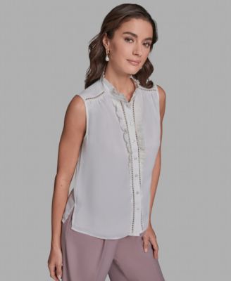 Women's Sleeveless Button Front Ruffle Top