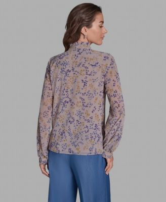 Women's Long-Sleeve Printed Ruffle Front Top