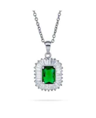 Art Deco Jewelry Green CZ Pendant Necklace & Baguette Cubic Zirconia Halo Stud Earrings Jewelry Set