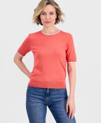 Nautica Women's Scallop-Trim Short Sleeve Crewneck Sweater