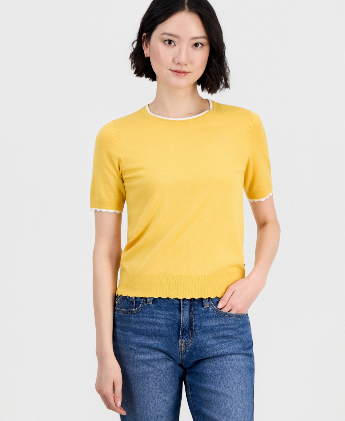 Nautica Women's Scallop-Trim Short Sleeve Crewneck Sweater