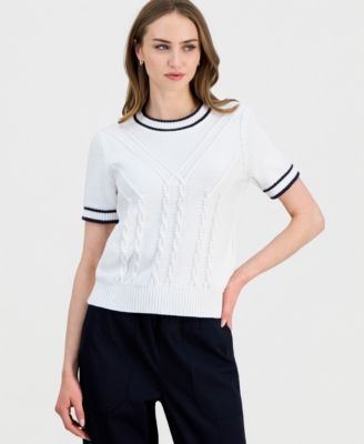 Women's Cotton Short-Sleeve Traveling Cable-Knit Sweater