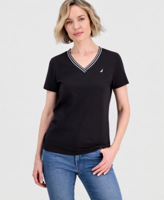 Women's Solid Stripe-Trim V-Neck