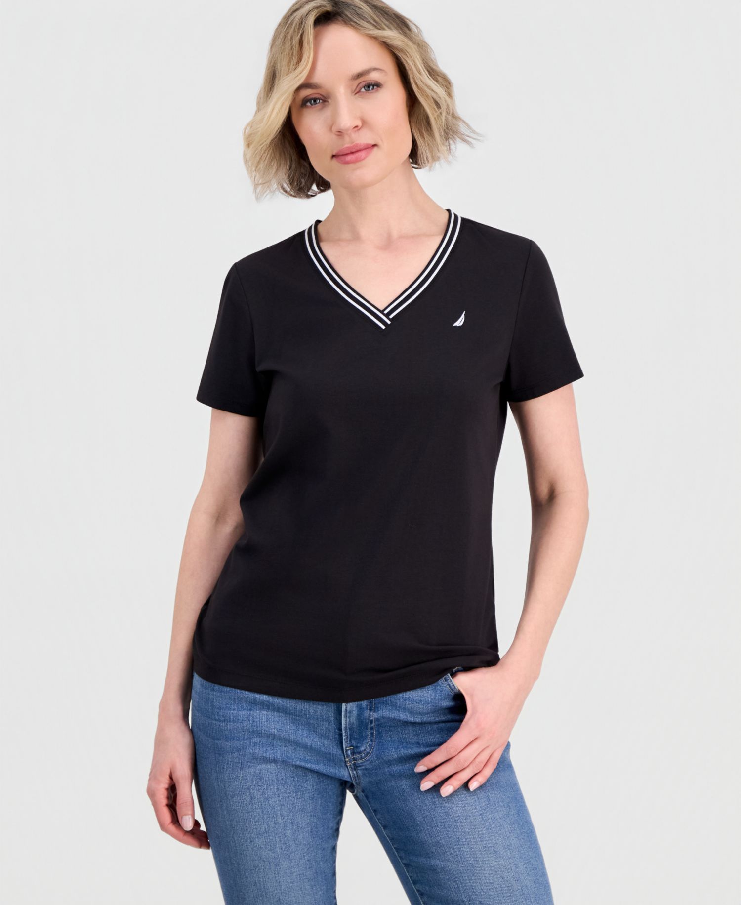 Women's Solid Stripe-Trim V-Neck Top