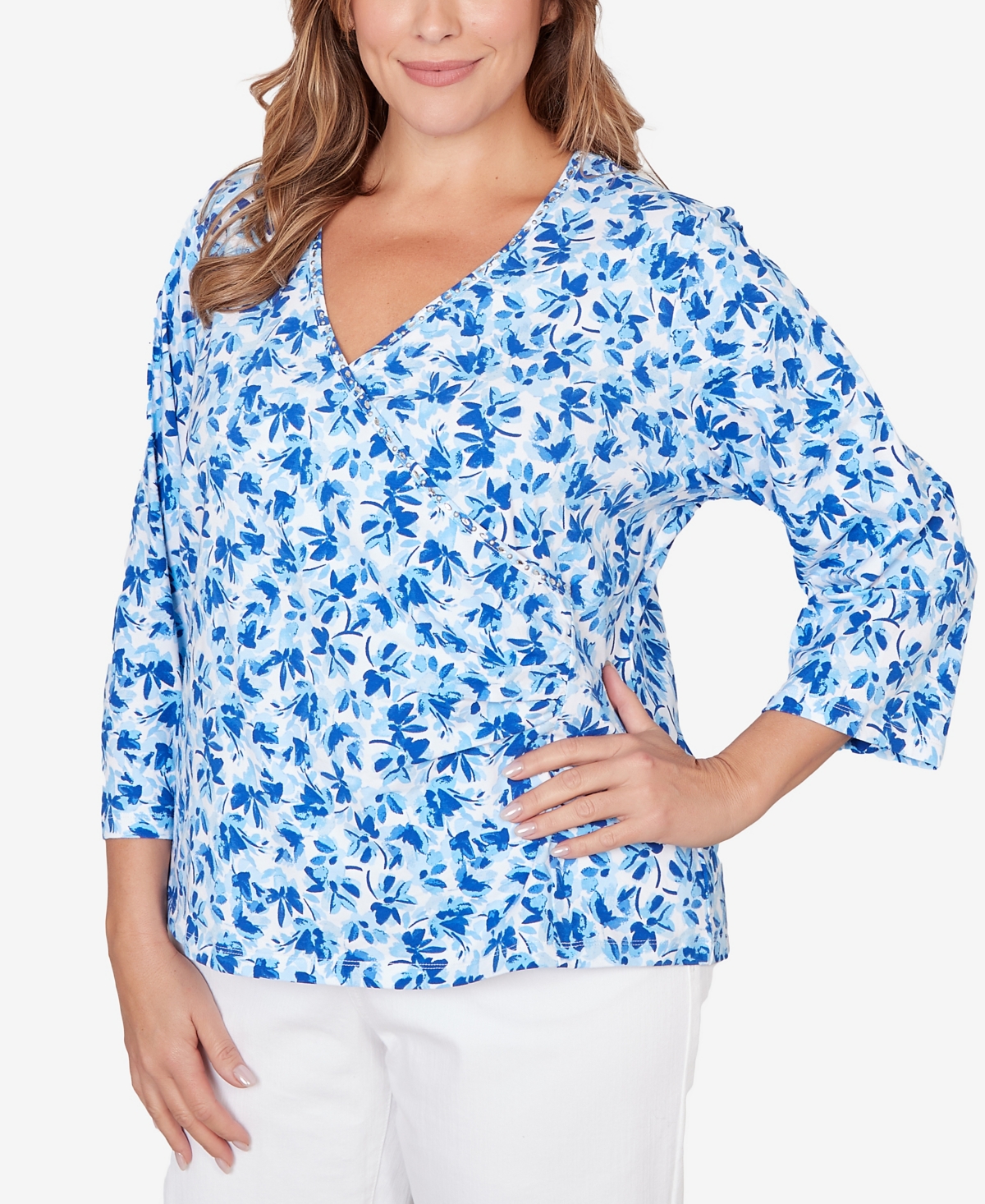 Hearts Of Palm Plus Size Printed Stretch Jersey 3/4 Sleeve Top In Blue